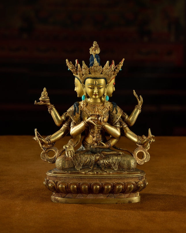 19th Century Three Faced Eight-armed Venerable Mother of Buddha Tibetan Statue of Buddha Gilt Bronze With Turquoise Inlay