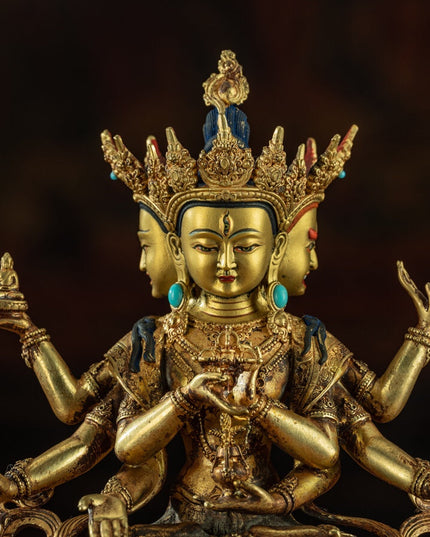 19th Century Three Faced Eight-armed Venerable Mother of Buddha Tibetan Statue of Buddha Gilt Bronze With Turquoise Inlay
