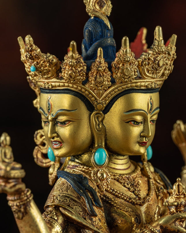 19th Century Three Faced Eight-armed Venerable Mother of Buddha Tibetan Statue of Buddha Gilt Bronze With Turquoise Inlay