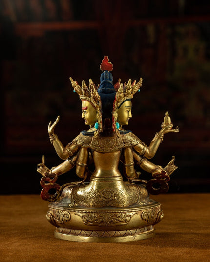 19th Century Three Faced Eight-armed Venerable Mother of Buddha Tibetan Statue of Buddha Gilt Bronze With Turquoise Inlay