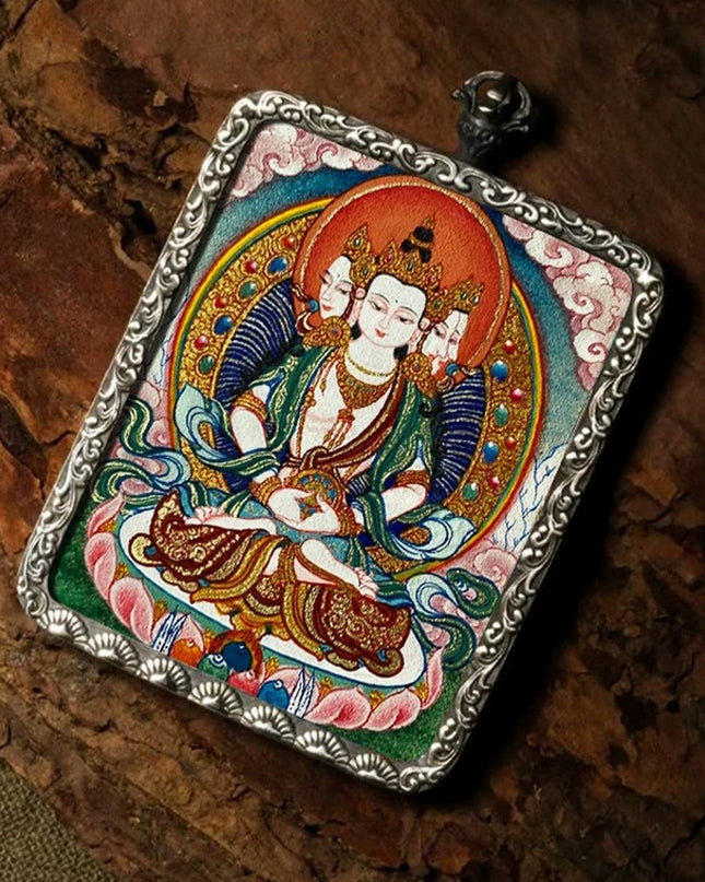 Vairocana Buddha Tibetan Hand-Painted Thangka Pendant - Zodiac Goat & Monkey Guardian Amulet