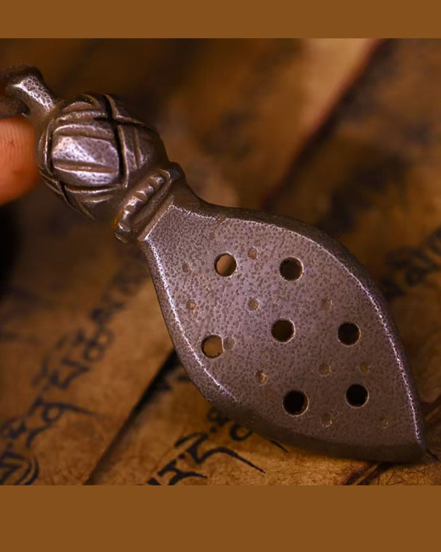 Sacred Cold Iron Mantra Point Pendant | Himalayan Ritual Tool for Calmness and Spiritual Balance