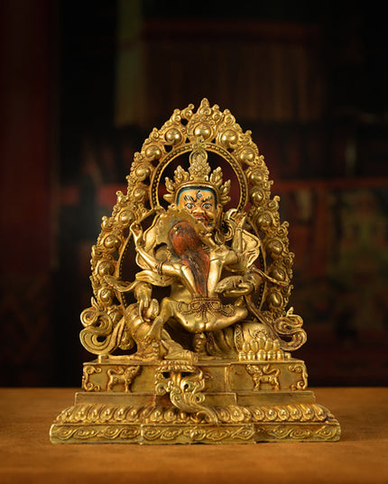 Extremely Rare Qing Dynasty Tibetan Gilded Double Body Yellow Jambhala with Original Craftsmanship