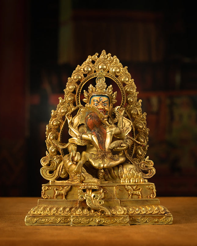 Extremely Rare Qing Dynasty Tibetan Gilded Double Body Yellow Jambhala with Original Craftsmanship