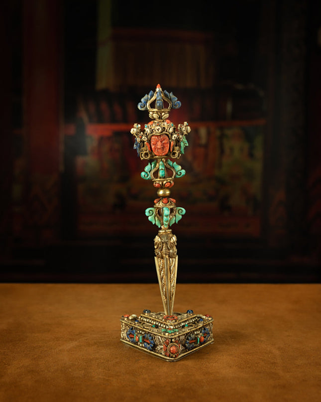 Extremely Rare Tibetan Top Five-Sided Puba Vajra with Coral, Turquoise, Lapis Lazuli, and Giant Clam