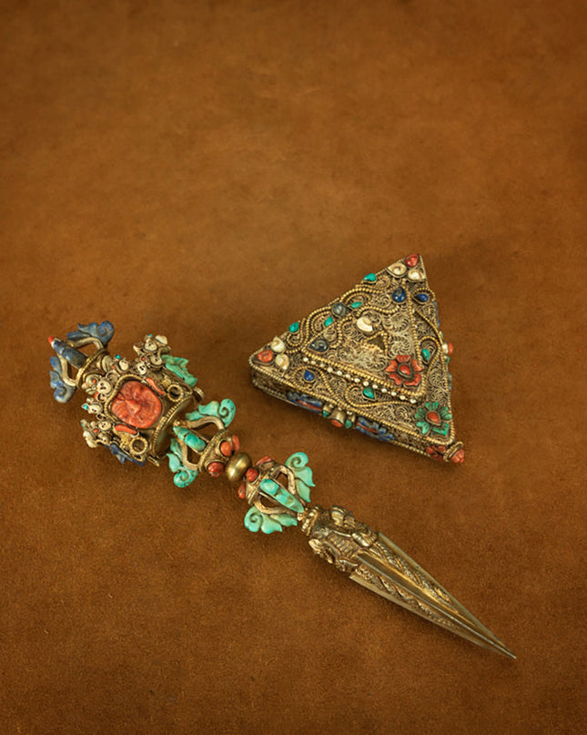 Extremely Rare Tibetan Top Five-Sided Puba Vajra with Coral, Turquoise, Lapis Lazuli, and Giant Clam