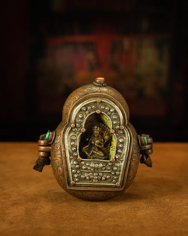 Rare Qing Dynasty Tibetan Silver Green Tara Ghau Box with Sacred Relic