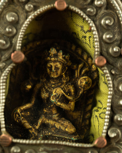 Rare Qing Dynasty Tibetan Silver Green Tara Ghau Box with Sacred Relic