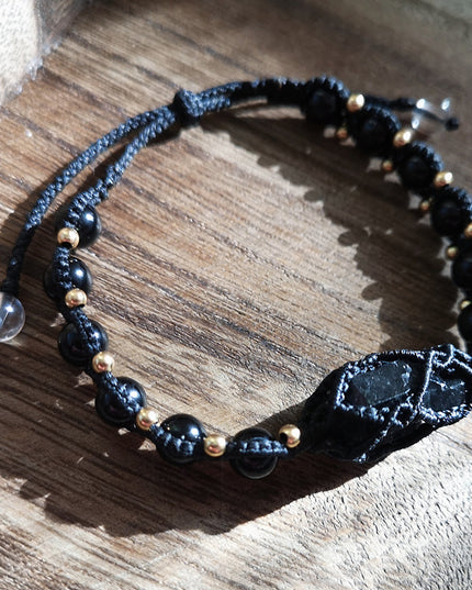 Black Tourmaline Shield Bracelet – Handcrafted Protection with Brass Accents
