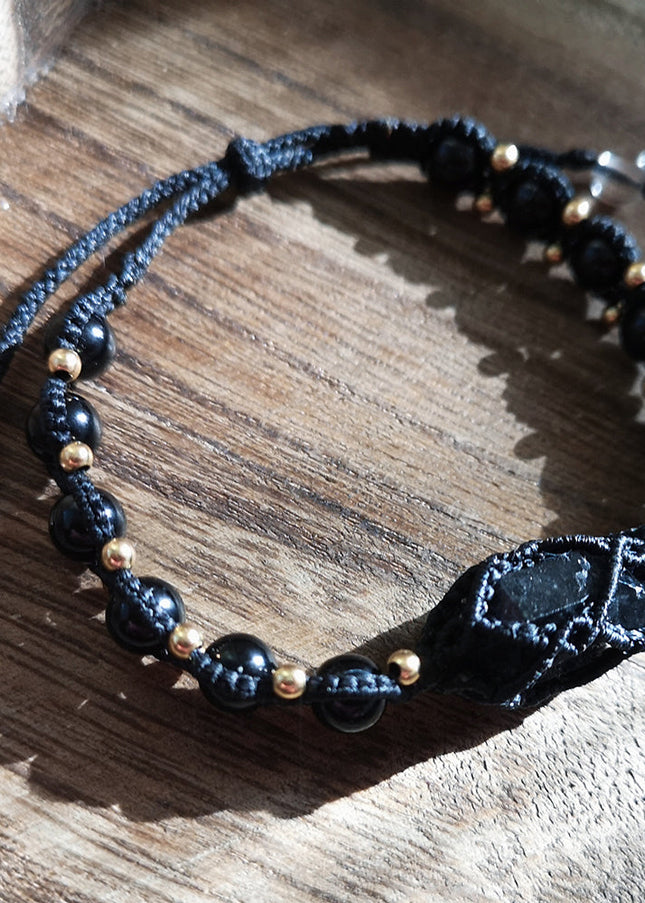 Black Tourmaline Shield Bracelet – Handcrafted Protection with Brass Accents
