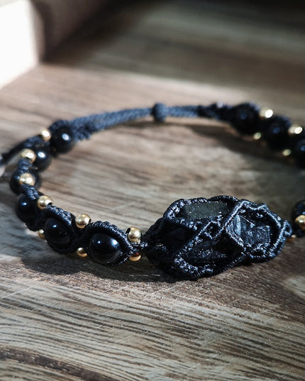 Black Tourmaline Shield Bracelet – Handcrafted Protection with Brass Accents