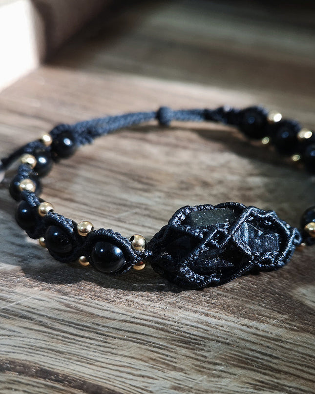 Black Tourmaline Shield Bracelet – Handcrafted Protection with Brass Accents