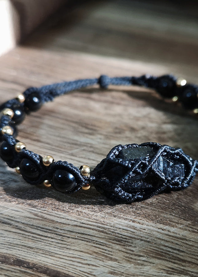 Black Tourmaline Shield Bracelet – Handcrafted Protection with Brass Accents