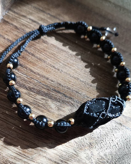 Black Tourmaline Shield Bracelet – Handcrafted Protection with Brass Accents
