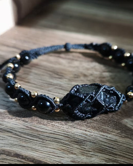 Black Tourmaline Shield Bracelet – Handcrafted Protection with Brass Accents