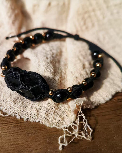 Black Tourmaline Shield Bracelet – Handcrafted Protection with Brass Accents