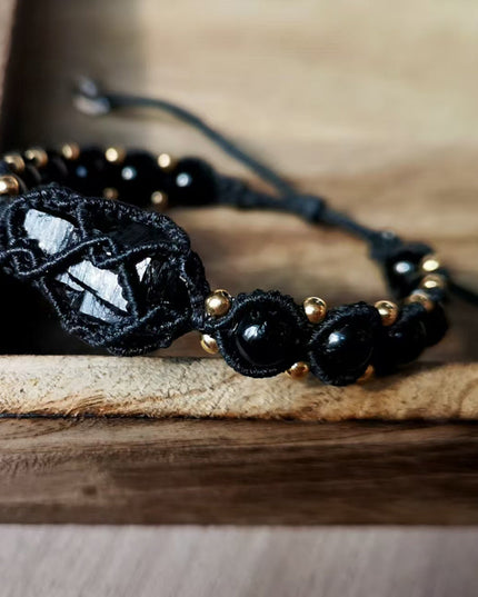 Black Tourmaline Shield Bracelet – Handcrafted Protection with Brass Accents