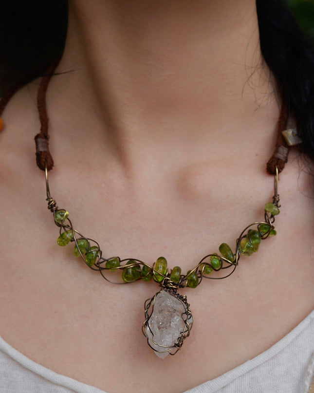 Earth’s Essence Handcrafted Green Peridot & Crystal Necklace