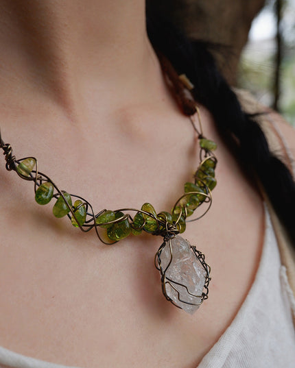 Earth’s Essence Handcrafted Green Peridot & Crystal Necklace