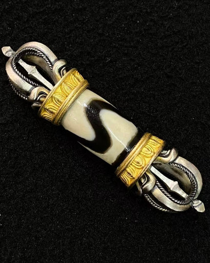 Vajra Protector Pendant – Dzi Beads with Sterling Silver Tiger Tooth Design