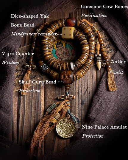 Guardian Spirit 108 Mala Beads Yak Bone Agate and Brass