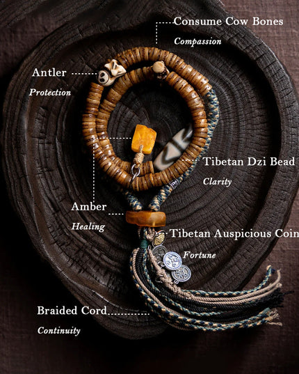 Sacred Guardian 108 Mala Beads Yak Bone Amber and Antler