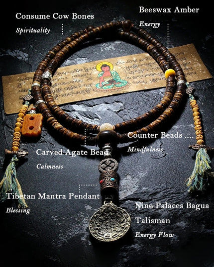 Sacred Guardian Handcrafted 108 Mala Beads - Silver & Yak Bone Talisman