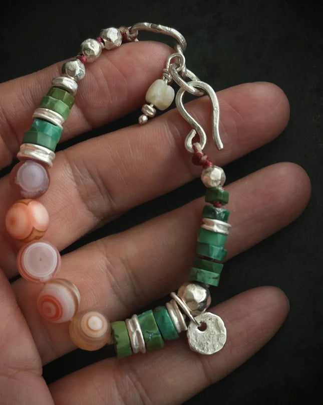 【Unique Item】 Heaven-Earth Vitality： Agate Dzi Beads Raw Turquoise Silver Bracelet