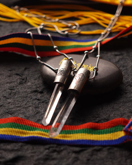 Eight Blessings from Tibet Spiritual Amulet Pendant in Sterling Silver & Crystal Quartz