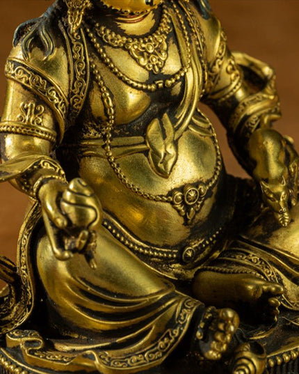 19th Century Yellow Jambhala Old Bronze Glit Antique Buddha Statue Sholdopal