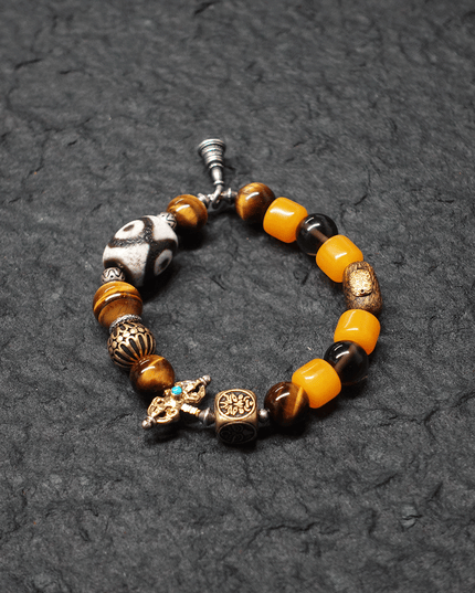 Protective Energy Three-Eyed Dzi Bead Bracelet Tibetan Vajra Silver Talisman
