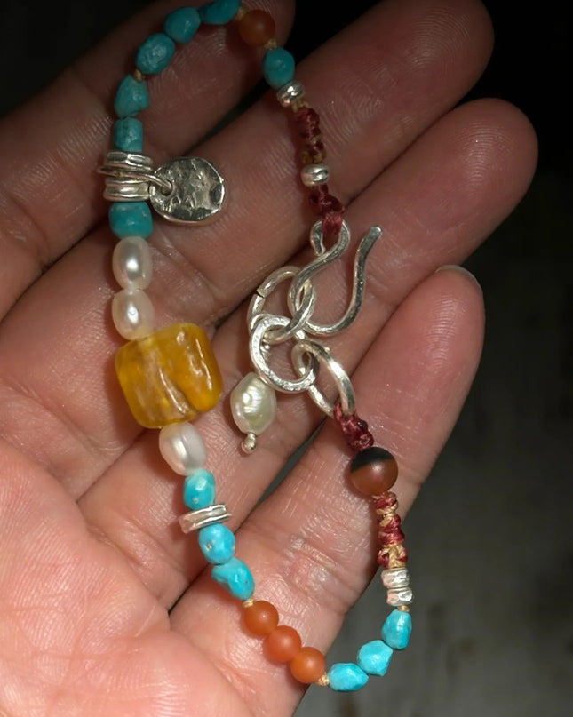 【Unique Item】 Nature's Mosaic: Raw Amber Agate  Turquoise Tibetan Pearls Silver Bracelet