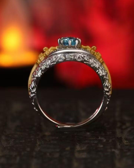 Vajra Ritual Ring: Padmasambhava's Symbol for Overcoming Obstacles & Divine Protection - Sterling Silver with  Blue Topaz