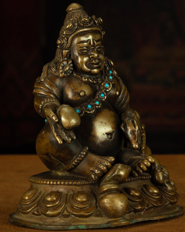 13th Century Tibetan Antique Buddha Statue Yellow God of Wealth Turquoise Inlay  Pala Style
