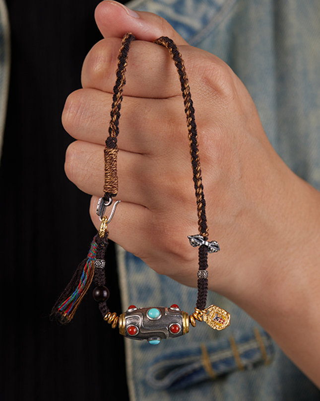 Handcrafted Woven Cord Nine-Eye Dzi Pendant