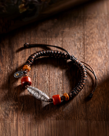 Handcrafted Woven Wax Cord Three-Eye Dzi Bead Bracelet