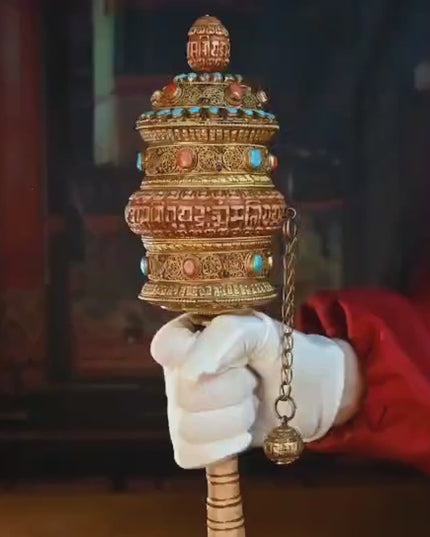 Qing Dynasty Prayer Wheel Tibetan ritual instrument gilt filigree inlaid with gems