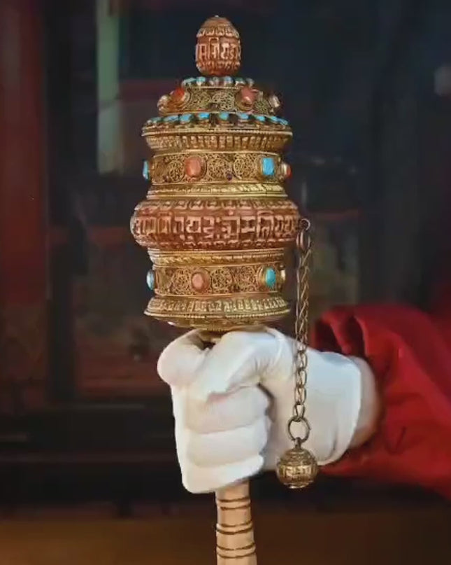 Qing Dynasty Prayer Wheel Tibetan ritual instrument gilt filigree inlaid with gems