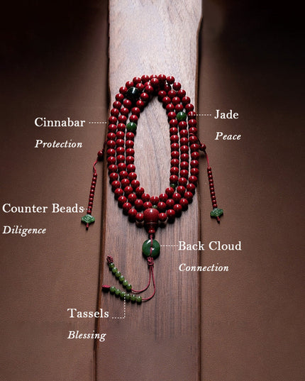Natural Cinnabar Mala Necklace – Nephrite Talisman with Handcrafted Design