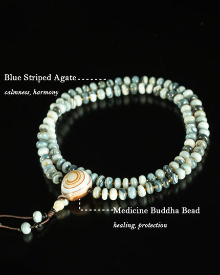 Blue Striped Agate 108 Beads Medicine Buddha Mala Necklace for Healing and Protection