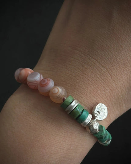 【Unique Item】 Heaven-Earth Vitality： Agate Dzi Beads Raw Turquoise Silver Bracelet