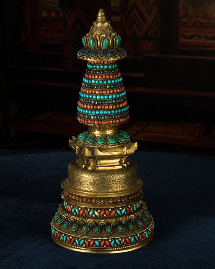Qing Dynasty Old Kadam Pagoda Tibetan light antique full of gold and water inlaid with gems