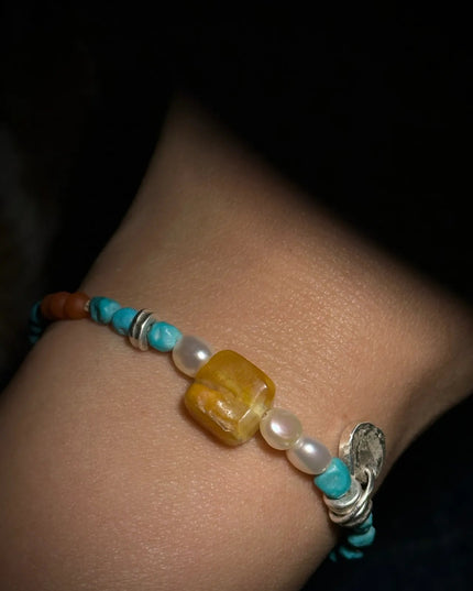 【Unique Item】 Nature's Mosaic: Raw Amber Agate  Turquoise Tibetan Pearls Silver Bracelet