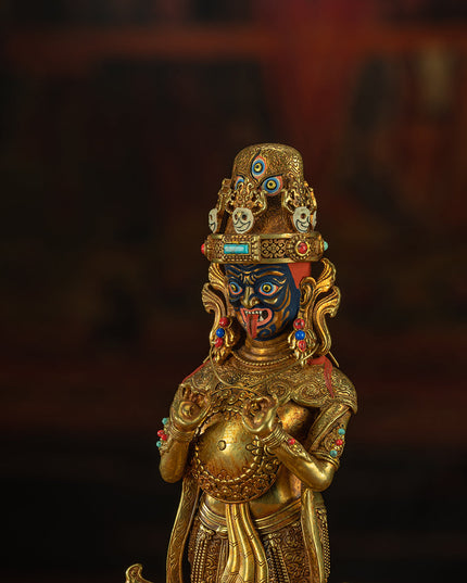 19th Century Zashi Lhamo Dharmapala God of Wealth Gilt Copper Painted Tibetan Buddha Statue From Sera Monastery