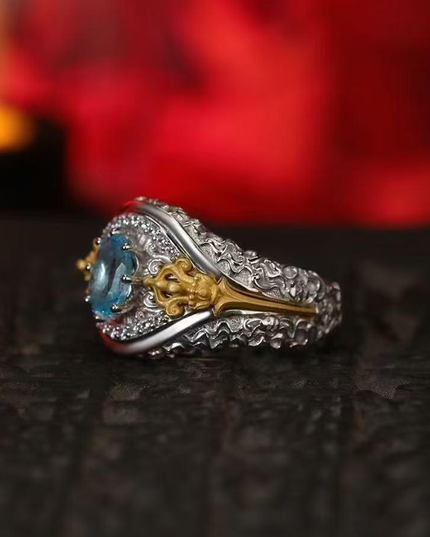 Vajra Ritual Ring: Padmasambhava's Symbol for Overcoming Obstacles & Divine Protection - Sterling Silver with  Blue Topaz