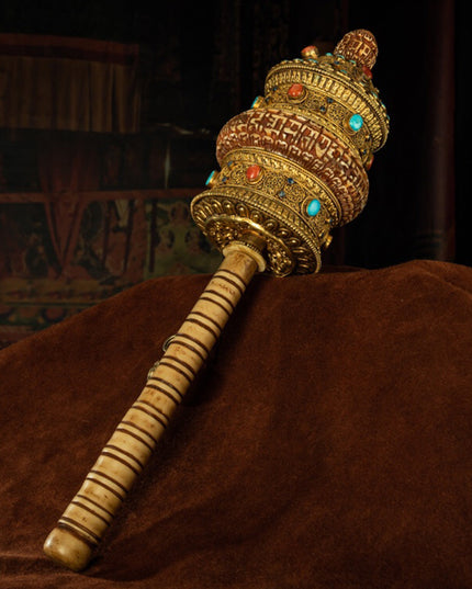 Qing Dynasty Prayer Wheel Tibetan ritual instrument gilt filigree inlaid with gems