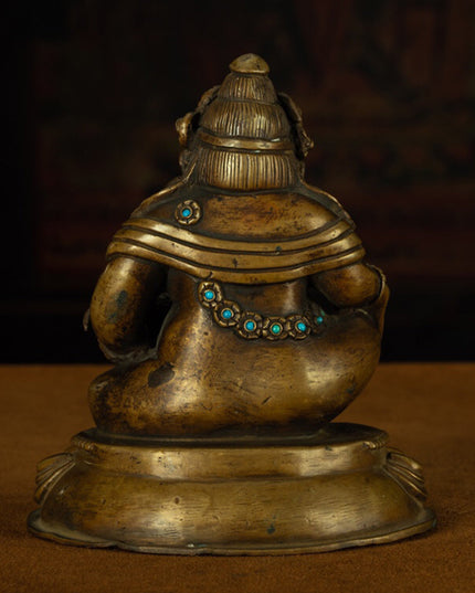 13th Century Tibetan Antique Buddha Statue Yellow God of Wealth Turquoise Inlay  Pala Style