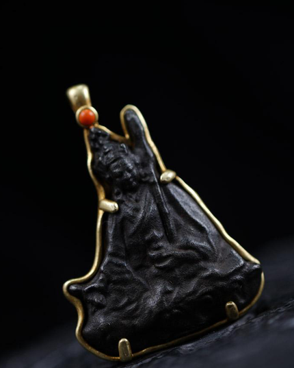 Thokcha Padmasambhava Pendant Necklace: Brass-Bordered Meteoritic Iron Amulet Artifact