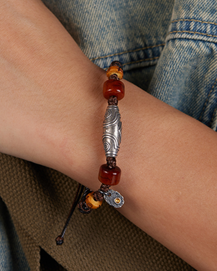 Handcrafted Woven Wax Cord Three-Eye Dzi Bead Bracelet