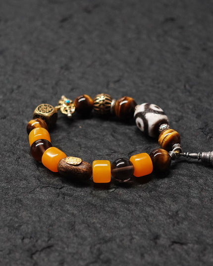 Protective Energy Three-Eyed Dzi Bead Bracelet Tibetan Vajra Silver Talisman